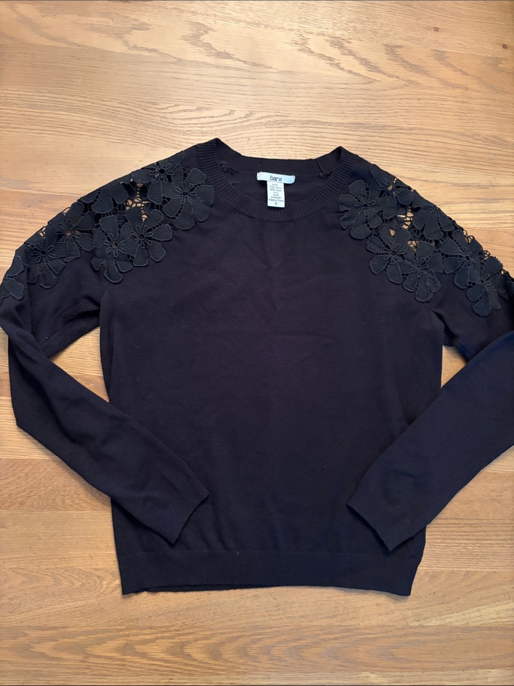 Black sweater with lace, crochet sleeves shoulder